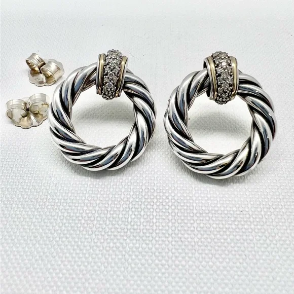 David Yurman Sterling Silver 18k Diamond Cable Door Knocker Earrings - Picture 2 of 12